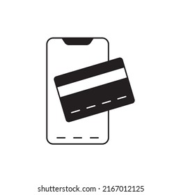 online mobile payment icon. Smartphone with credit card icon in black flat glyph, filled style isolated on white background