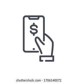 Icono de línea de pago en línea y móvil. Mano con el signo de contorno vectorial de teléfono móvil y dólar.