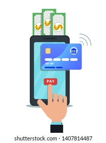 Online mobile payment, money transfer or shopping concept. Hand finger touching pay button on smartphone screen. Secure bank transaction with nfc technology. Internet banking. Digital wallet