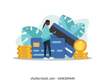 Online mobile payment or money transfer concept. Online shopping e-commerce market. Illustration with tiny people character. African American girl with a mobile phone. Online template for web landing