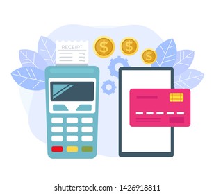 Online mobile payment transaction terminal concept. Vector flat cartoon graphic design isolated illustration