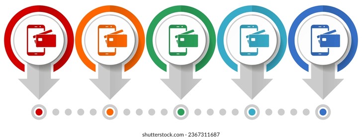 Juego de iconos en línea, de vector de pago móvil, plantilla de infografía de diseño plano, establecer iconos de concepto de puntero en 5 opciones de color para diseño web y aplicaciones móviles