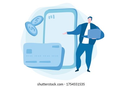 Pagos en línea y móviles Concepto para página web, medios sociales, documentos, tarjetas, afiches. Ilustración vectorial, confirma el pago usando un smartphone, pago móvil, banca en línea. 
