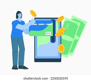 Tecnología de pagos en línea y móviles y NFC, ilustración vectorial plana aislada en fondo blanco. El hombre paga usando un smartphone. Pago móvil, banca en línea.