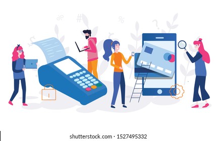 Online and mobile payments for web page, social media, documents, cards, posters. Vector illustration pos terminal confirms the payment using a smartphone, Mobile payment, online banking. 
