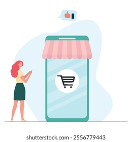 Online mobile phone concept. Shopping cart payment via the application. On a transparent background.Girl doing order via app.