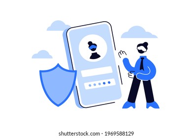 Online mobile registration or sign up user interface. Autification password and secure login. Vector woman signing up or login to online authorizing page flat illustration