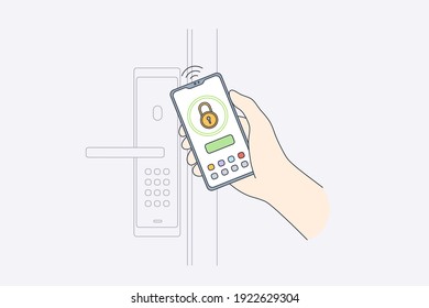 Online mobile security system concept. Close-up of human hands controlling security of house with mobile app on smartphone, locking door online vector illustration 