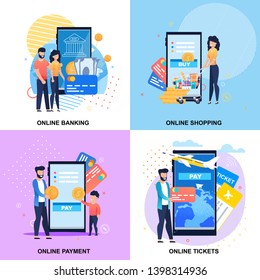 Online Mobile Servicing Banners Set for Banking, Payment, Booking, Shopping. Text Templates with People Using Running Application on Smartphone. Modern Technology. Vector Cartoon Flat Illustration