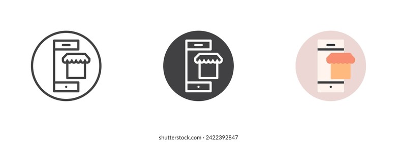 Online Mobile Shop verschiedene Stil Icon Set. Linie, Glyph und gefüllte Umrissversion, Umriss und ausgefülltes Vektorzeichen. E-Commerce-Symbol, Logo-Illustration. Vektorgrafik
