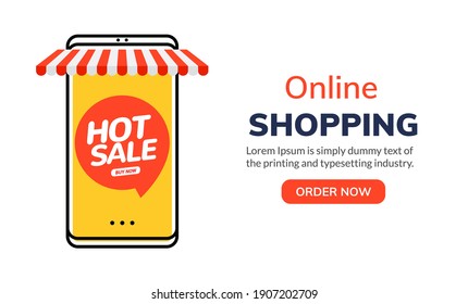 Online mobile shop ecommerce order. Entertainment vector online shopping application illustration banner