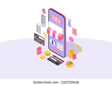 Online mobile shopping app isometric color vector illustration. Sales, discounts, special offers infographic. E-payment. Shopping smartphone application 3d concept. Webpage, mobile app design