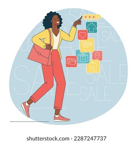 Online and mobile shopping. Mobile app shopping. Online payment for gifts and outfit sale. Black friday mobile shopping vector concept.
