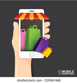 Online mobile shopping concept background. vector mobile marketing and commerce background.