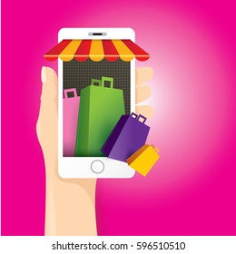 Online mobile shopping concept background. vector mobile marketing and commerce background.