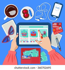 Online Mobile Shopping Concept in Flat Design. E-commerce, buying, mobile marketing in vector