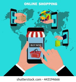 online mobile shopping concept, flat design, vector illustration