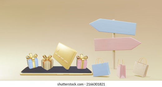 Online Mobile Shopping concept. Gifts on  smartphone,  directions on background for advertising, banner, brochure and web template. Vector illustration.