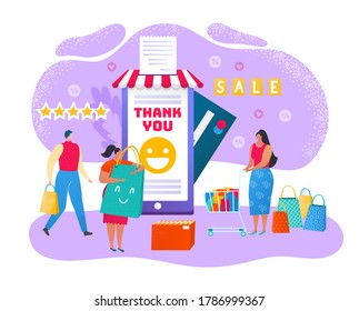 Online mobile shopping concept, sale, consumerism and people vector illustration. Young woman shop online using smartphone. Girls with shopping cart and shopper bags, e-commerce.