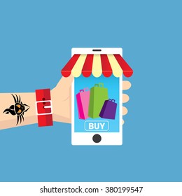 Online mobile shopping concept. vector mobile marketing and commerce background