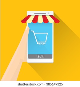 Online mobile shopping concept. vector mobile marketing and commerce background. hand holding mobile phone