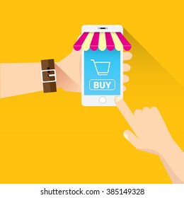 Online mobile shopping concept. vector mobile marketing and commerce background. hand holding mobile phone