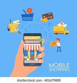 Online mobile shopping concept. Vector illustration in flat style design. Smartphone with purchase icons, bank card, shopping cart, delivery service. Payment on internet.