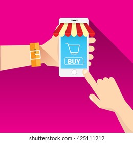 Online mobile shopping concept. vector mobile marketing and commerce background.