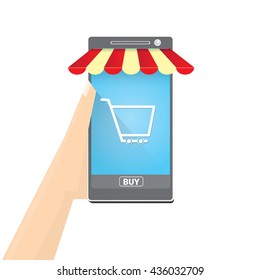 Online mobile shopping concept. vector mobile marketing and commerce background.