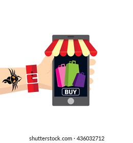 Online mobile shopping concept. vector mobile marketing and commerce background.