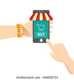 Online mobile shopping concept. vector mobile marketing and commerce background.