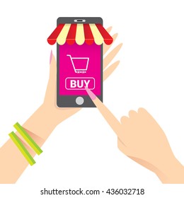 Online mobile shopping concept. vector mobile marketing and commerce background.