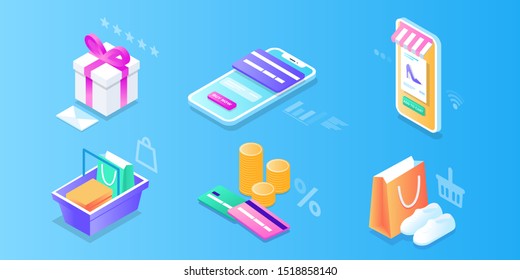 Online Mobile shopping elements isometric isolated icon set. Can use for web banner, infographics, hero images. Phone, cart, money, box, bag, clothes, credit card, sale, fast delivery, coupon discount