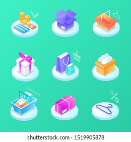 Online Mobile shopping elements isometric isolated icon set. Can use for web banner, infographics, hero images. Phone, cart, money, box, bag, clothes, credit card, sale, fast delivery, coupon discount