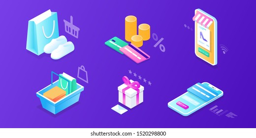 Online Mobile shopping elements isometric isolated icon set. Can use for web banner, infographics, hero images. Phone, cart, money, box, bag, clothes, credit card, sale, fast delivery, coupon discount