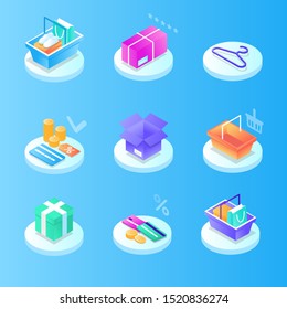 Online Mobile shopping elements isometric isolated icon set. Can use for web banner, infographics, hero images. Phone, cart, money, box, bag, clothes, credit card, sale, fast delivery, coupon discount
