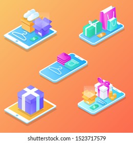 Online Mobile shopping elements isometric isolated icon set. Can use for web banner, infographics, hero images. Phone, cart, money, box, bag, clothes, credit card, sale, fast delivery, coupon discount