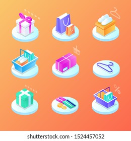 Online Mobile shopping elements isometric isolated icon set. Can use for web banner, infographics, hero images. Phone, cart, money, box, bag, clothes, credit card, sale, fast delivery, coupon discount
