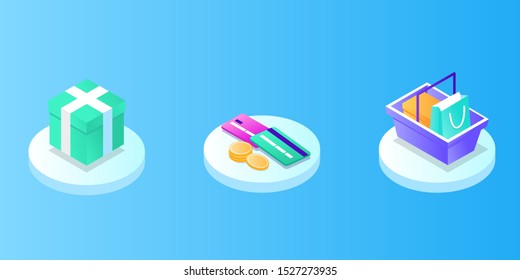 Online Mobile shopping elements isometric isolated icon set. Can use for web banner, infographics, hero images. cart, box, bag, clothes, credit card, sale, fast delivery, coupon discount