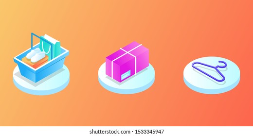 Online Mobile shopping elements isometric isolated icon set. Can use for web banner, infographics, hero images. cart, box, bag, clothes, credit card, sale, fast delivery, coupon discount