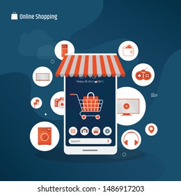 Online mobile shopping and on the go purchase icons.