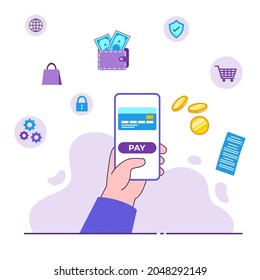 Online mobile shopping payment concept. Hand holding mobile phone online transaction concept. Mobile phone, credit card, wallet, coins, cash, cart, shopping bag. Flat illustration.