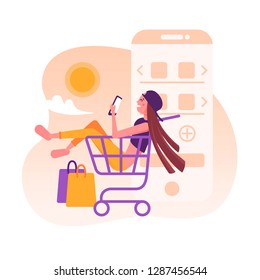 Online mobile shopping scene with girl making purchases on internet and sitting in a shopping cart, trolley . E-commerce icon for UI. M commerce concept vector illustration in flat cartoon style