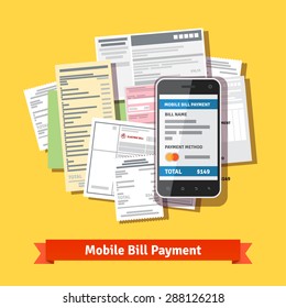 Online mobile smartphone bill payment. Phone laying down on bill heap. Flat vector icon.