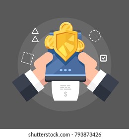 Online mobile smartphone bill payment. Two hands holds phone. Check bill comes out of the phone.Vector flat illustration on gray background