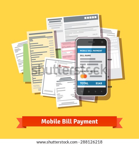 Online mobile smartphone bill payment. Phone laying down on bill heap. Flat vector icon.