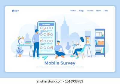 Online mobile survey testing questionnaire. Phone screen with online filling forms and check marks. A group of people making online testing, examination. landing web page decorated with people