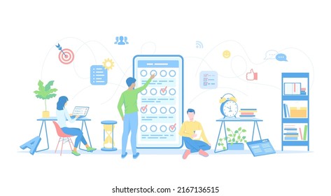 Online mobile survey testing questionnaire. A group of people making online testing, examination. Phone screen with online filling forms. Vector illustration flat style.	
