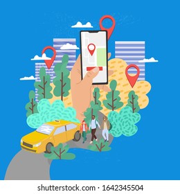 Online mobile taxi order concept. Smartphone in hand and GPS route point on city landscape. Family with children get in the yellow taxi cab . Vector cartoon illustration