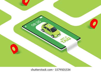 Online mobile taxi order service app concept. Green taxi on mobile and map marker on the roadside. Flat isometric vector illustration